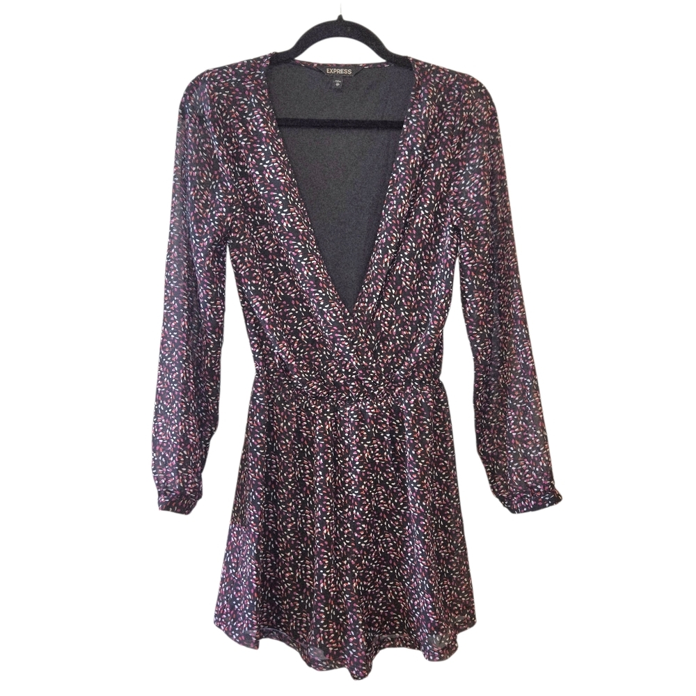 Express Long Sleeve V-Neck Mini Romper - Pink/White Speckled - XS